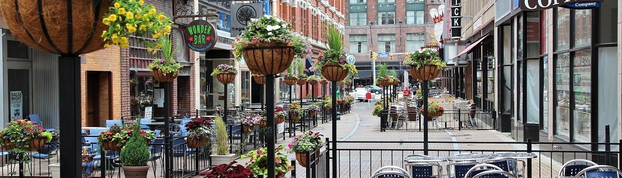 Cleveland, United States - June 29, 2013: Restaurants downtown on June 29, 2013 in Cleveland. Cleveland is the 2nd largest urban area in Ohio with 2+ million people.